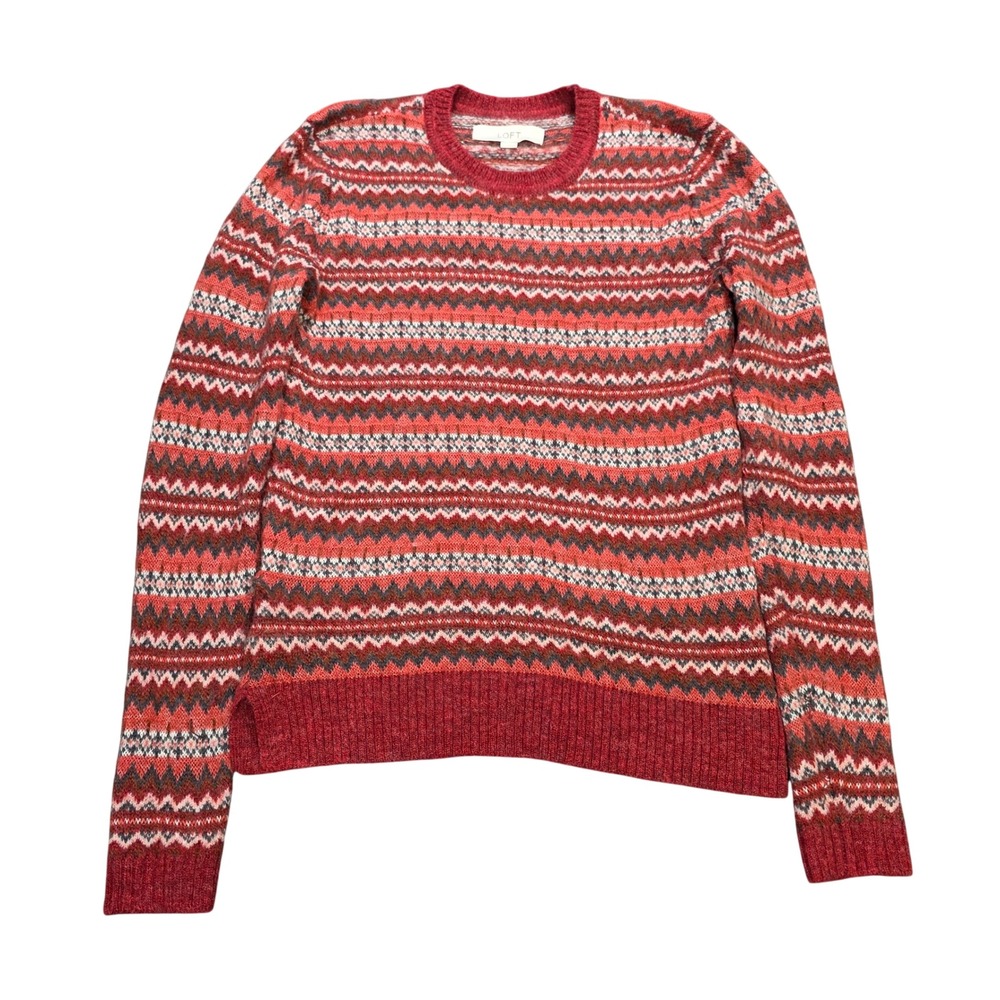 LOFT Crewneck Knit Sweater Women's Size XS Red Multi Fair Isle Long Sleeve